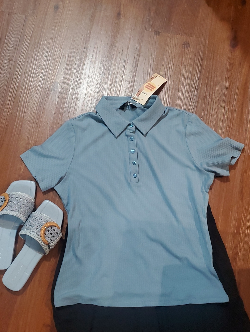 Women's Light Blue Ribbed Polo Button-Down Top